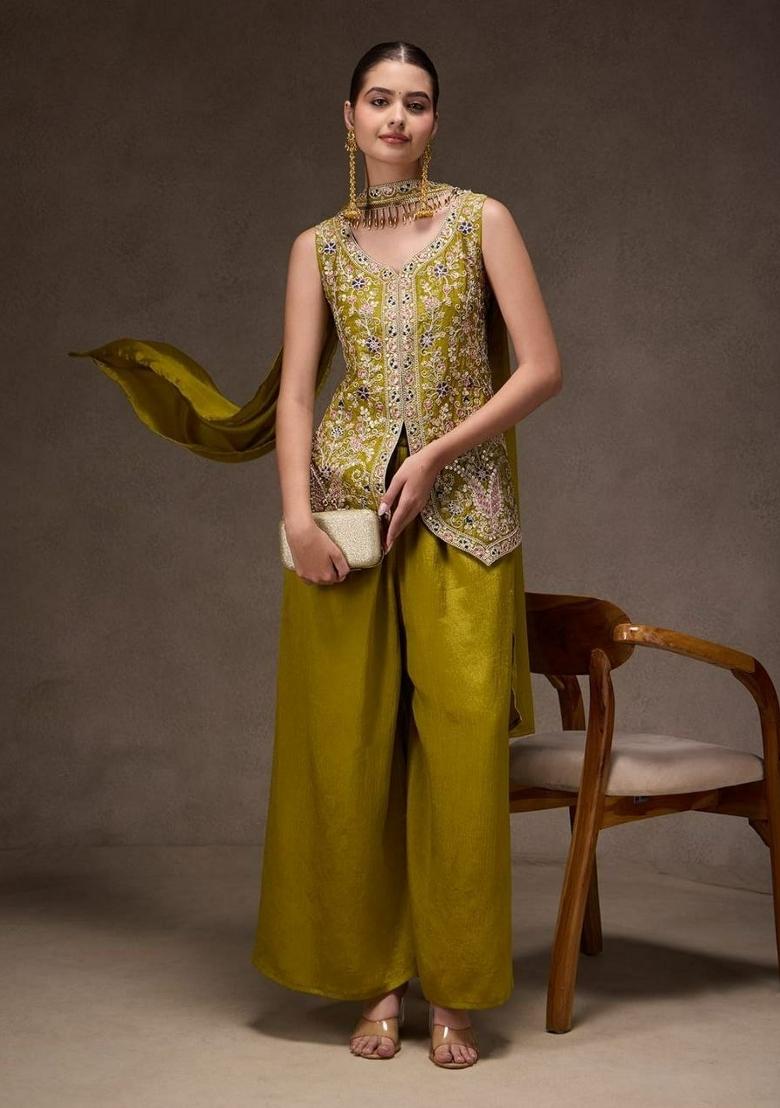 Yellow Embroidered Chinon Salwar Kameez - Indya