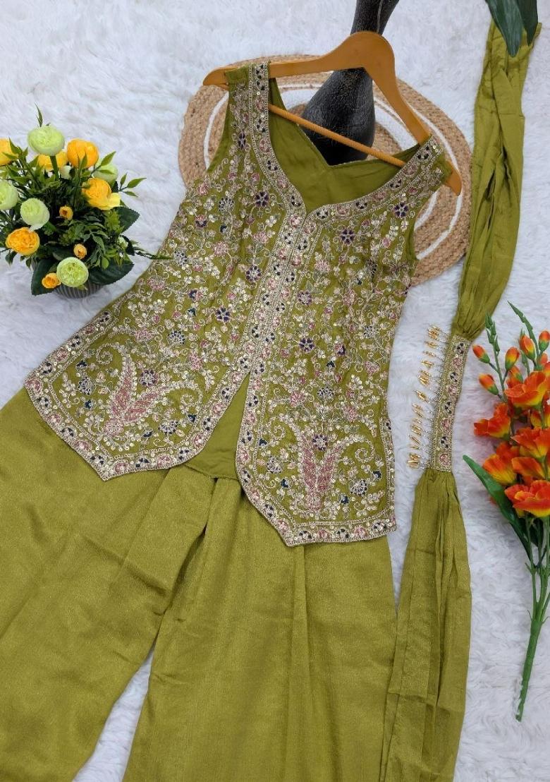 Yellow Embroidered Chinon Salwar Kameez - Indya