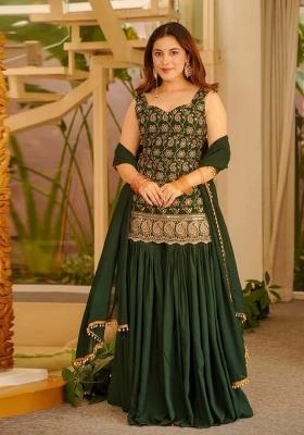 Green Embroidered Georgette Sharara Set