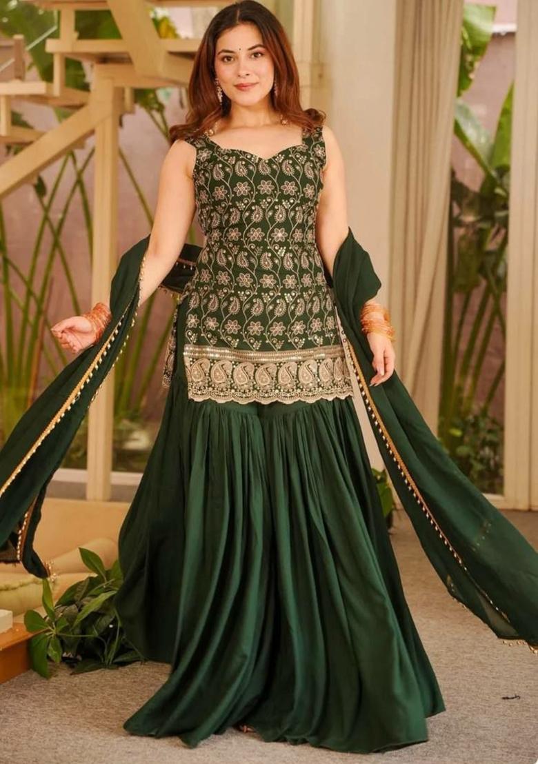 Green Embroidered Georgette Sharara Set - Indya