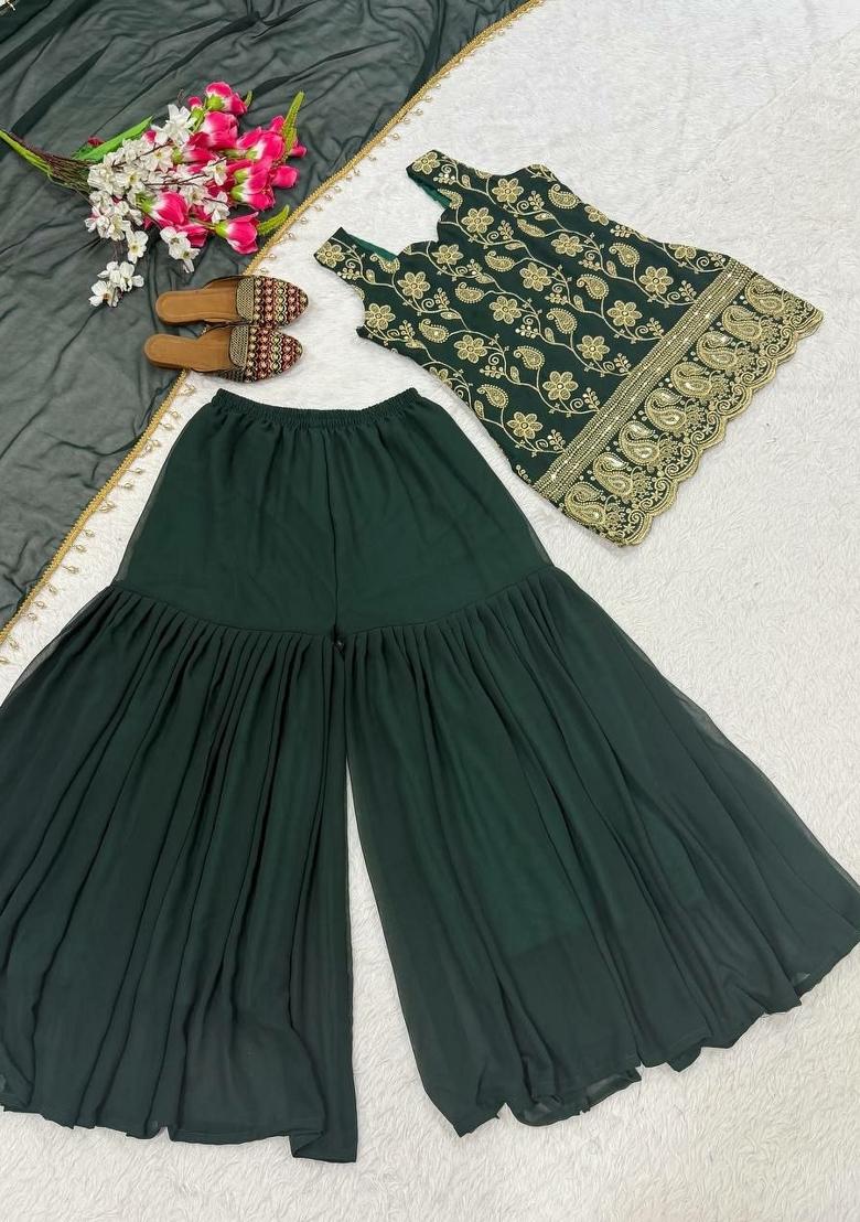 Green Embroidered Georgette Sharara Set - Indya
