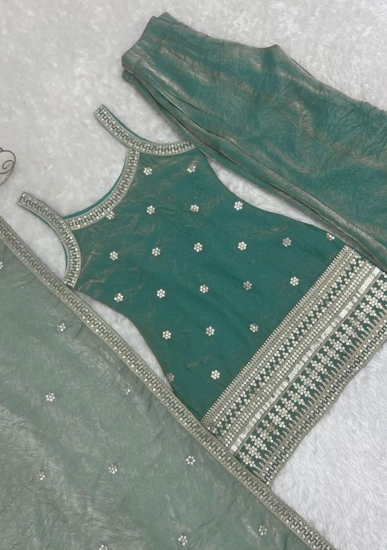 Green Embroidered Silk Palazzo Set - Indya