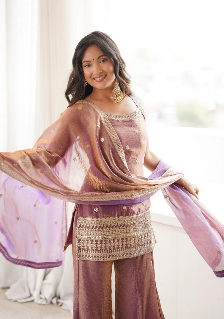 Pink Embroidered Silk Palazzo Set - Indya