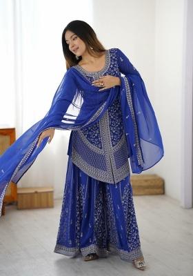 Blue Embroidered Georgette Sharara Set