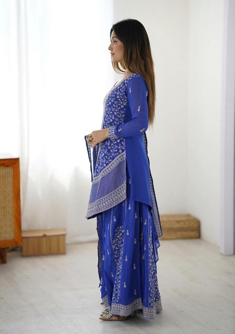 Blue Embroidered Georgette Sharara Set - Indya