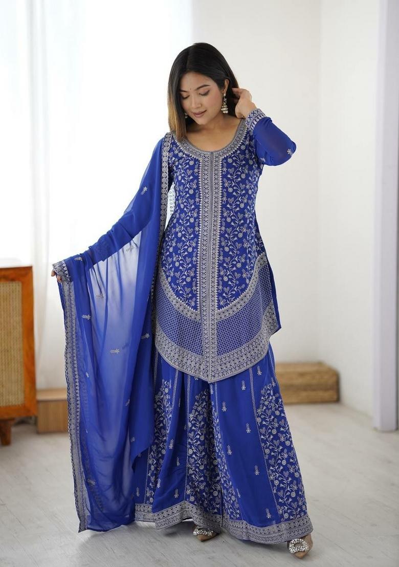 Blue Embroidered Georgette Sharara Set - Indya