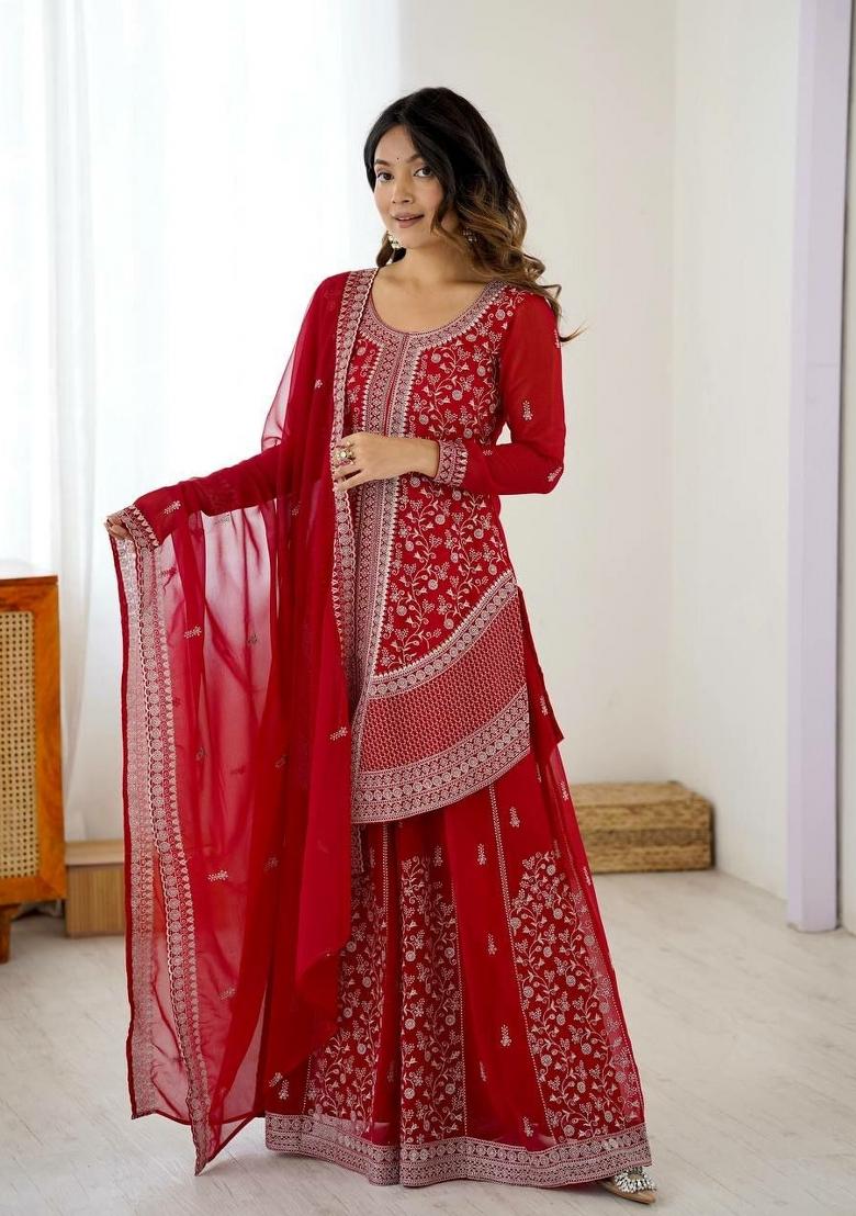 Red Embroidered Georgette Sharara Set - Indya