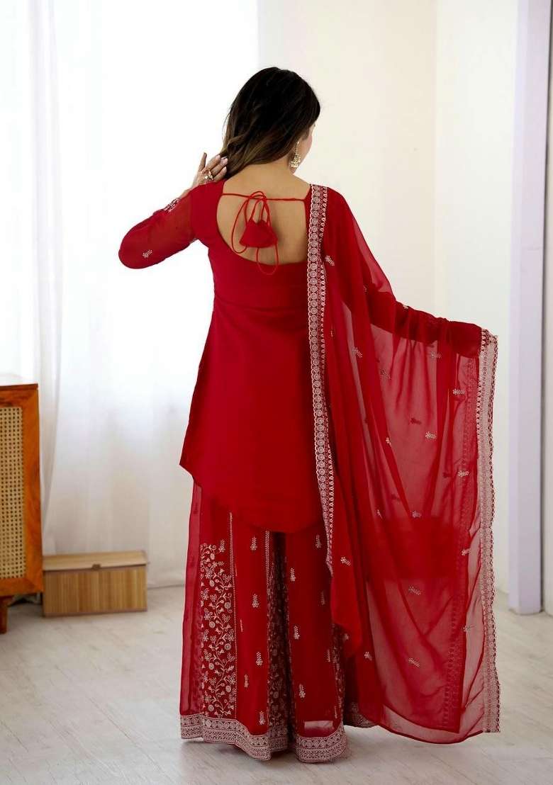 Red Embroidered Georgette Sharara Set - Indya