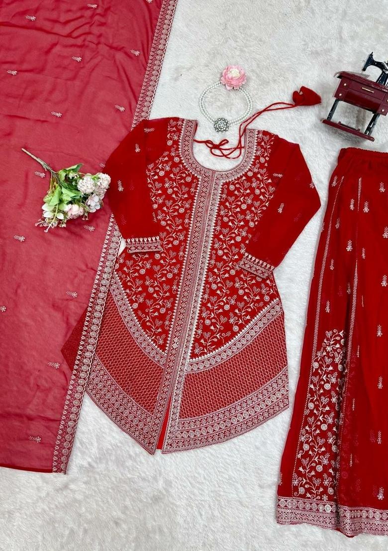 Red Embroidered Georgette Sharara Set - Indya