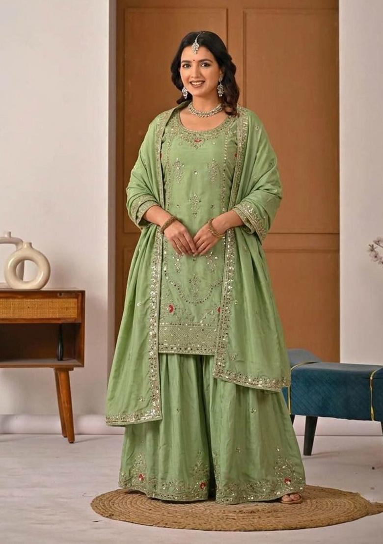 Green Embroidered Crepe Sharara Set - Indya