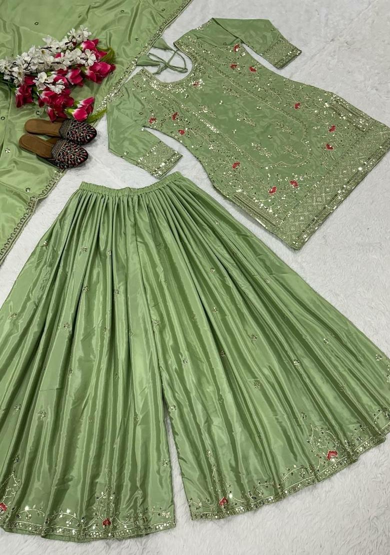 Green Embroidered Crepe Sharara Set - Indya