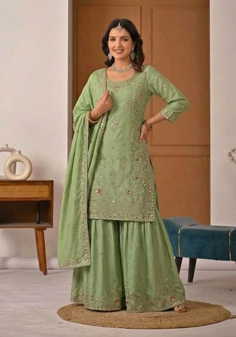 Green Embroidered Crepe Sharara Set