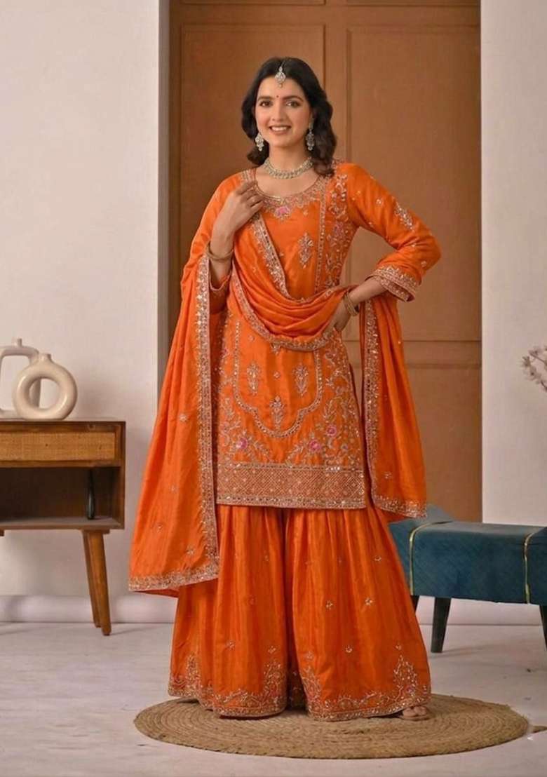 Orange Embroidered Crepe Sharara Set - Indya