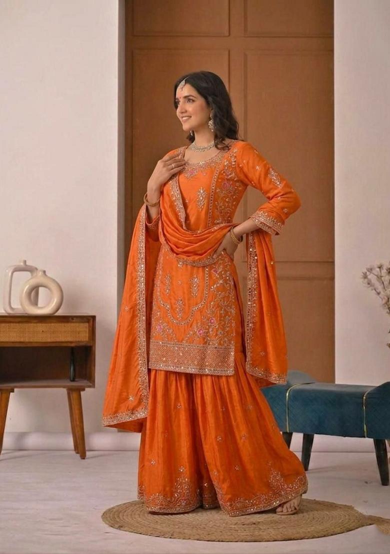 Orange Embroidered Crepe Sharara Set - Indya