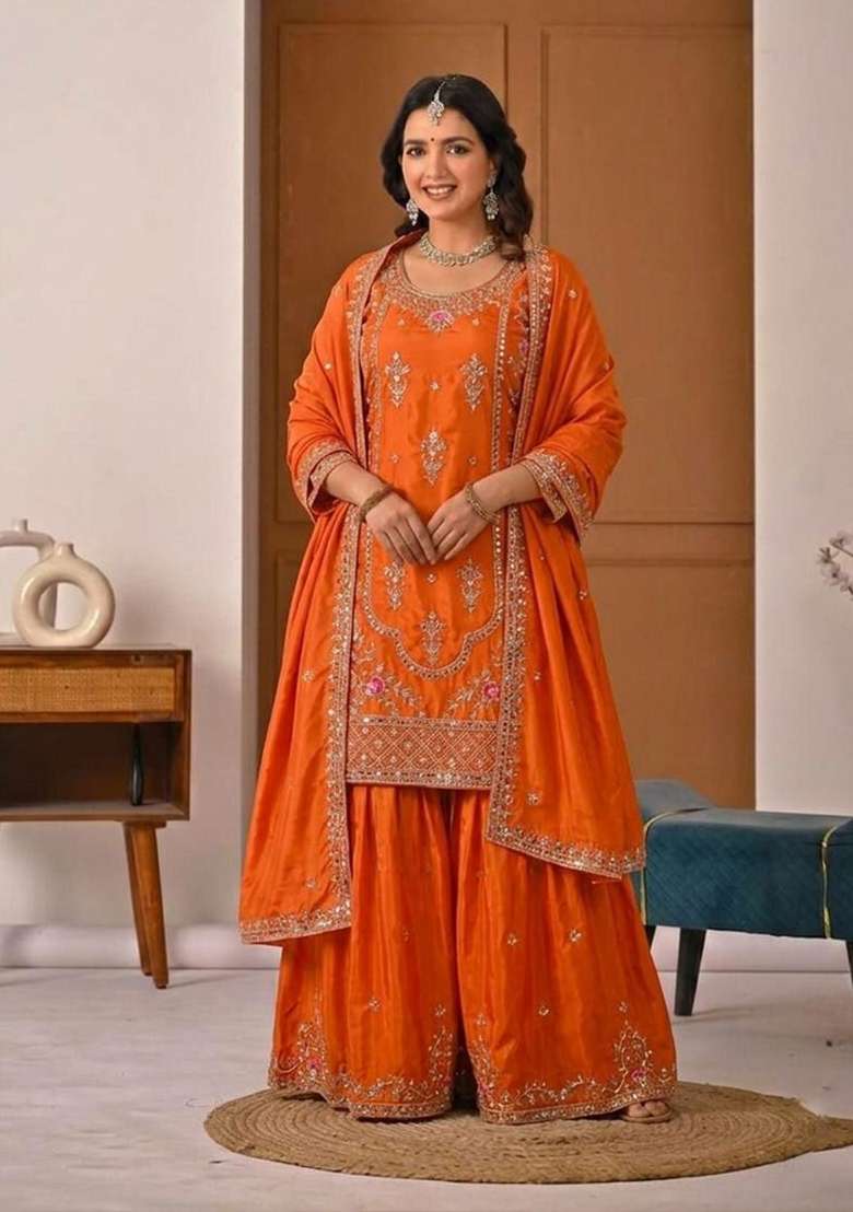 Orange Embroidered Crepe Sharara Set - Indya