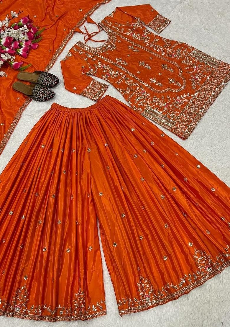 Orange Embroidered Crepe Sharara Set - Indya