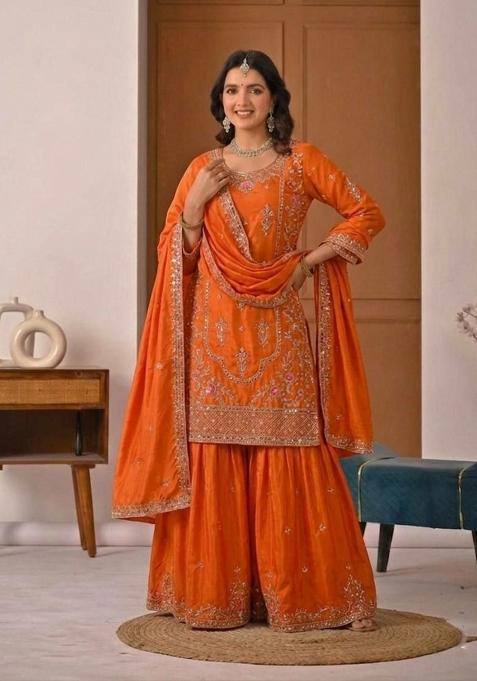 Orange Embroidered Crepe Sharara Set