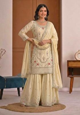 White Embroidered Crepe Sharara Set