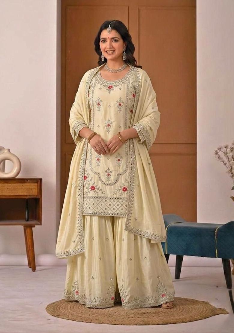 White Embroidered Crepe Sharara Set - Indya