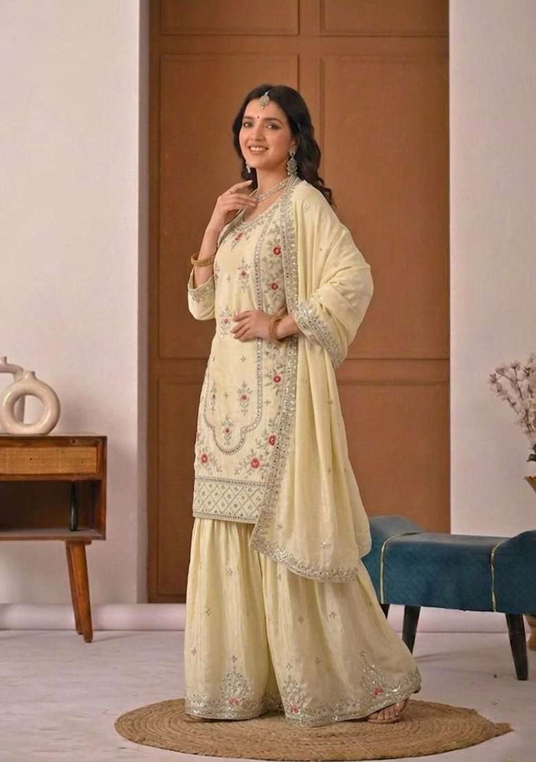 White Embroidered Crepe Sharara Set - Indya