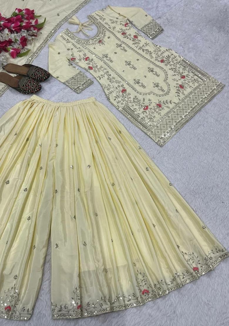 White Embroidered Crepe Sharara Set - Indya