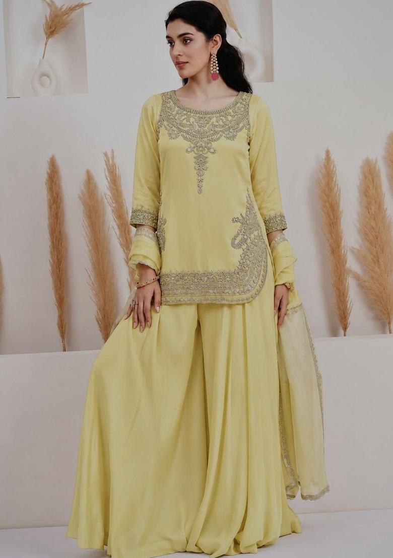 Yellow Embroidered Silk Palazzo Set - Indya