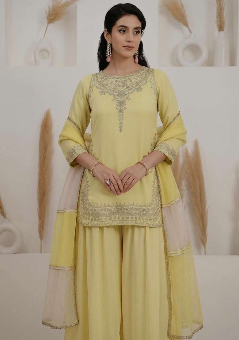 Yellow Embroidered Silk Palazzo Set - Indya