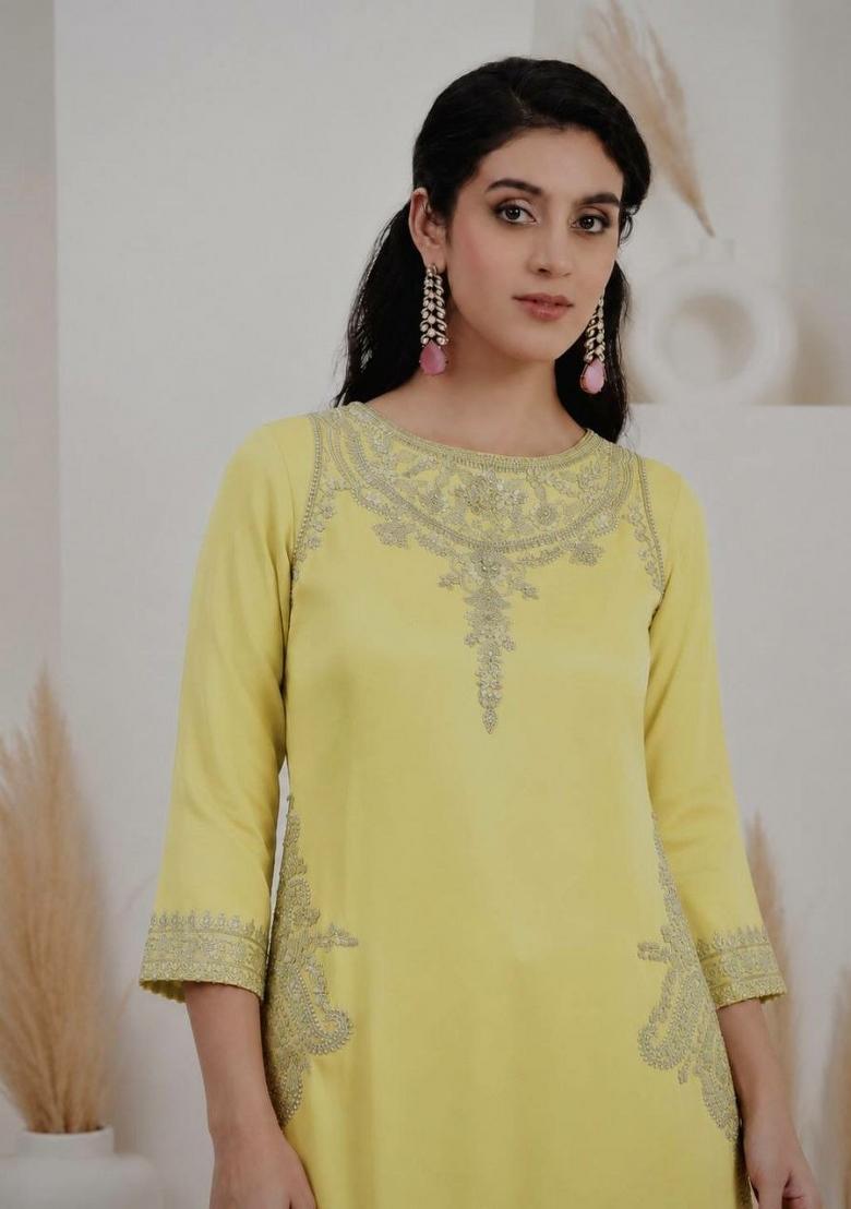 Yellow Embroidered Silk Palazzo Set - Indya