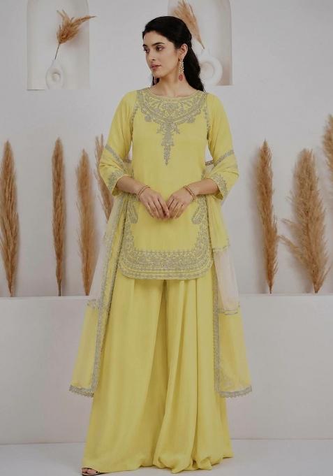 Yellow Embroidered Silk Palazzo Set