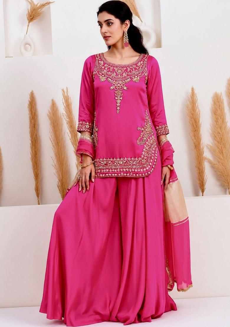 Pink Embroidered Silk Palazzo Set - Indya
