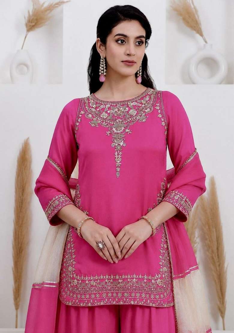 Pink Embroidered Silk Palazzo Set - Indya