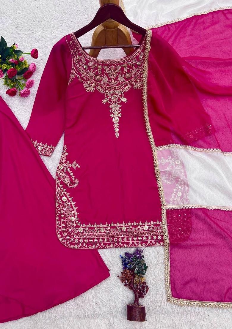 Pink Embroidered Silk Palazzo Set - Indya