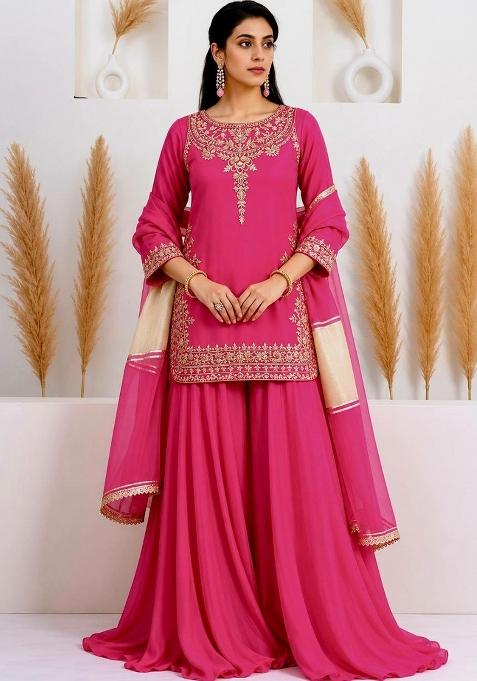 Pink Embroidered Silk Palazzo Set