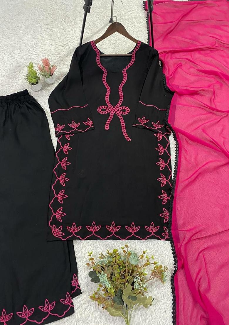 Black Embroidered Rayon Palazzo Set - Indya