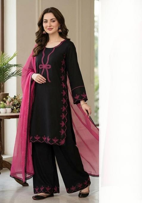 Black Embroidered Rayon Palazzo Set