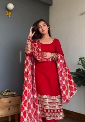 Red Embroidered Georgette Kurta Set