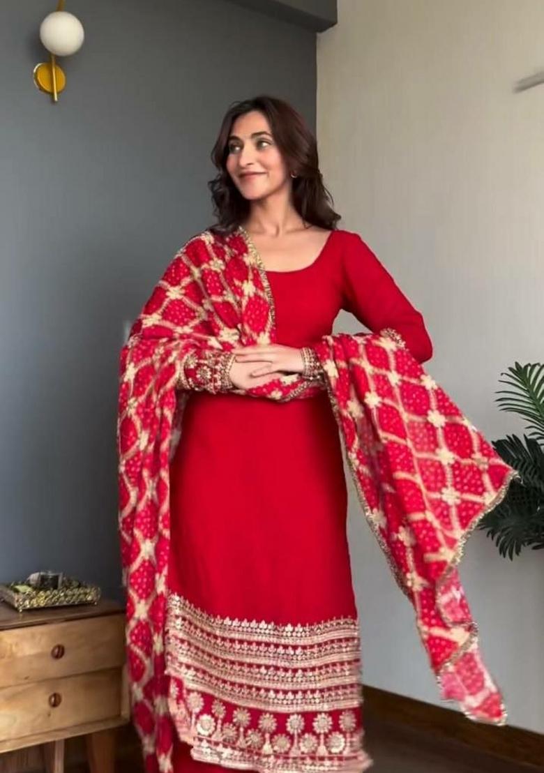 Red Embroidered Georgette Kurta Set - Indya