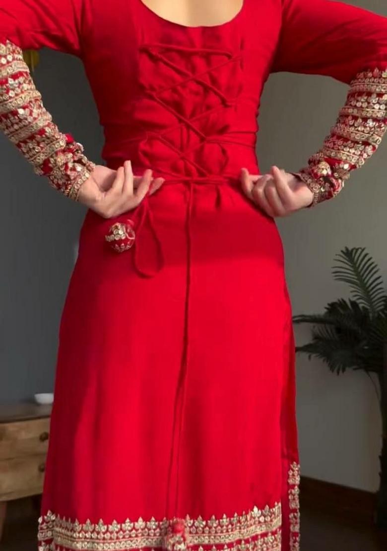 Red Embroidered Georgette Kurta Set - Indya