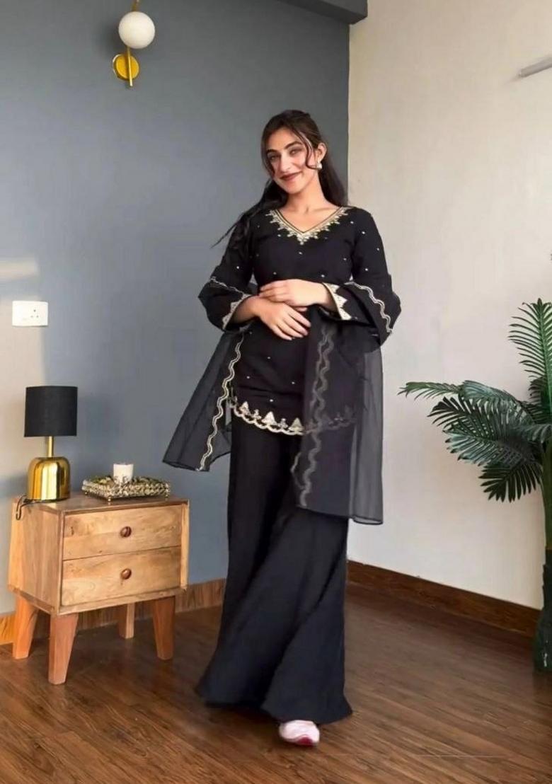 Black Embroidered Silk Palazzo Set - Indya