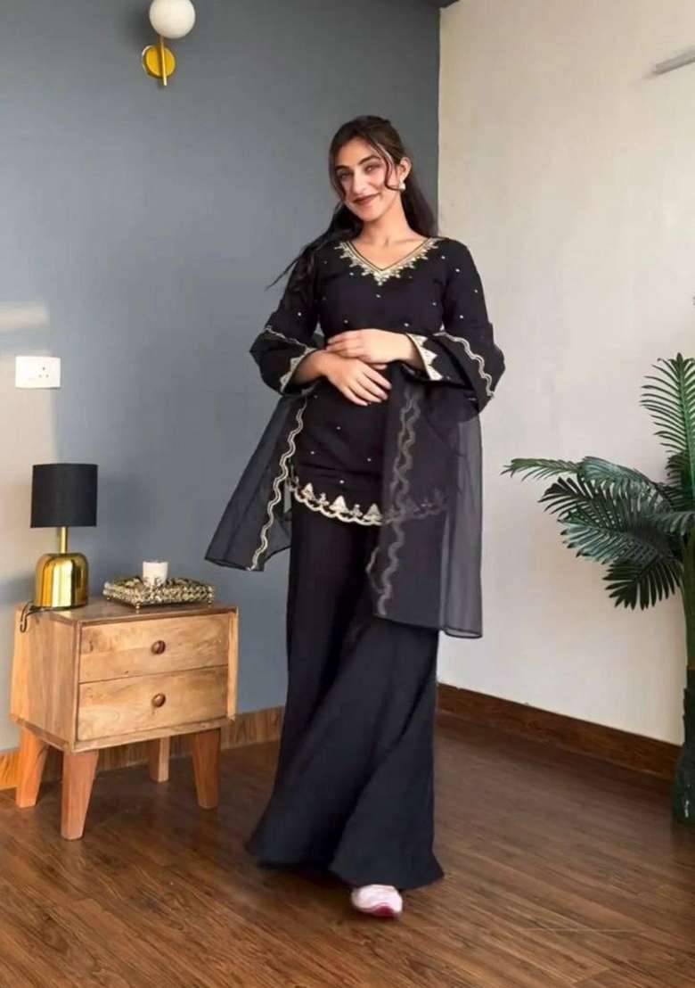 Black Embroidered Silk Palazzo Set - Indya