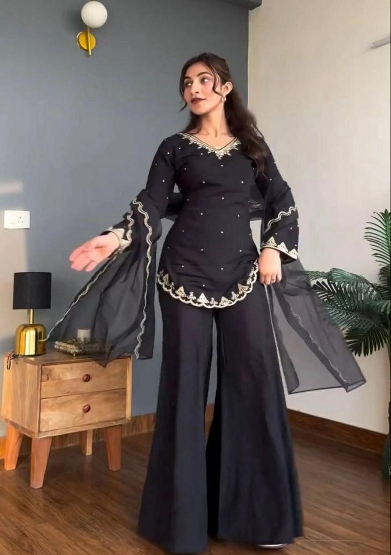Black Embroidered Silk Palazzo Set - Indya