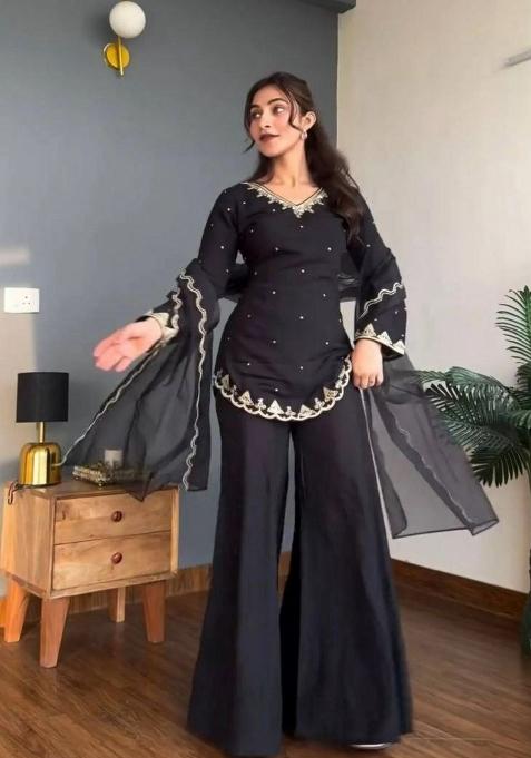 Black Embroidered Silk Palazzo Set