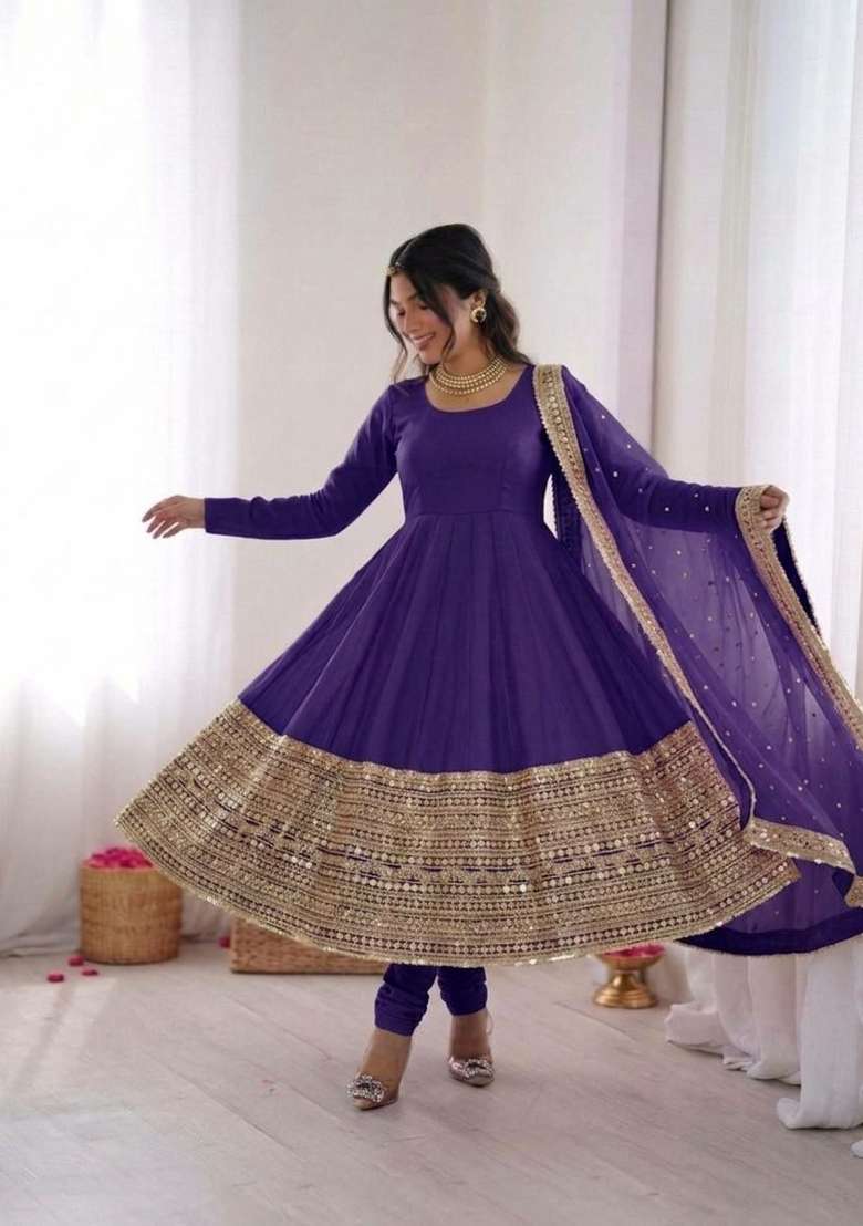 Purple Sequin Work Silk Anarkali Set - Indya
