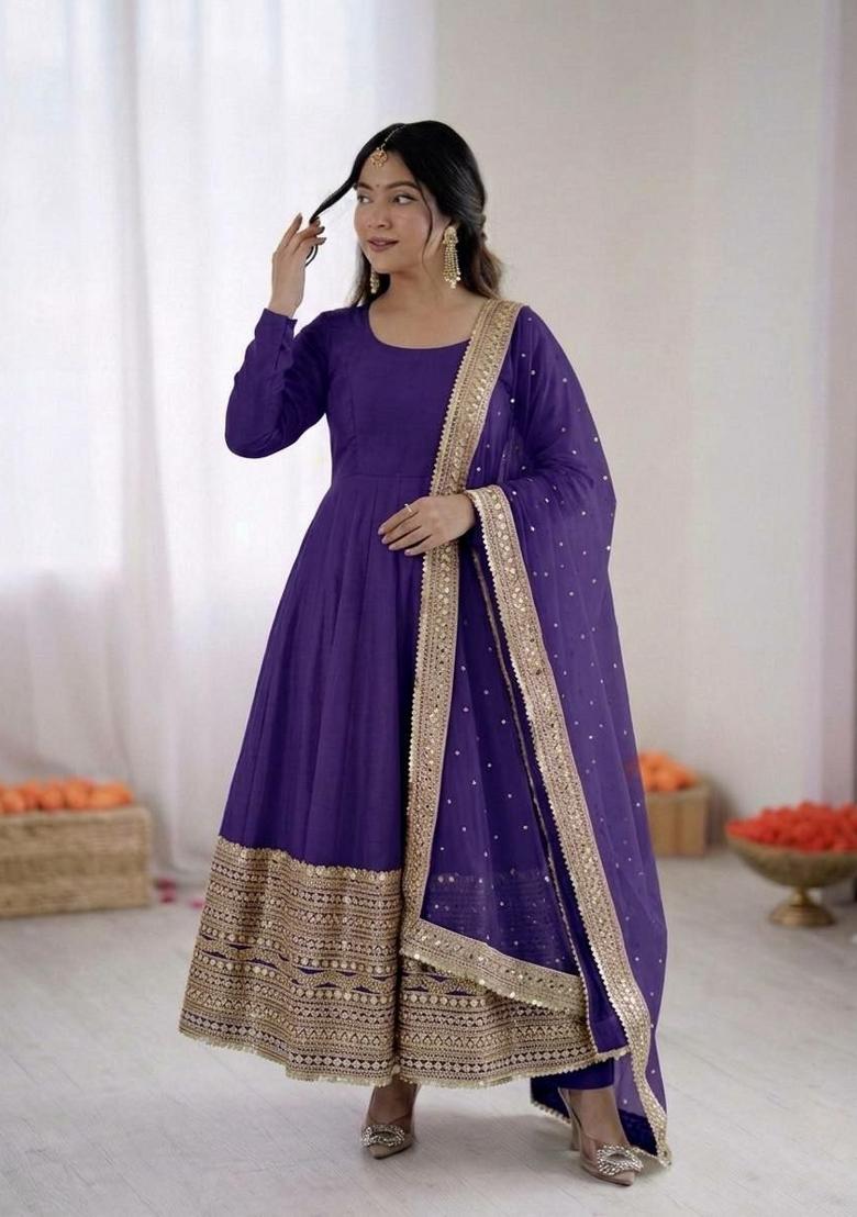 Purple Sequin Work Silk Anarkali Set - Indya