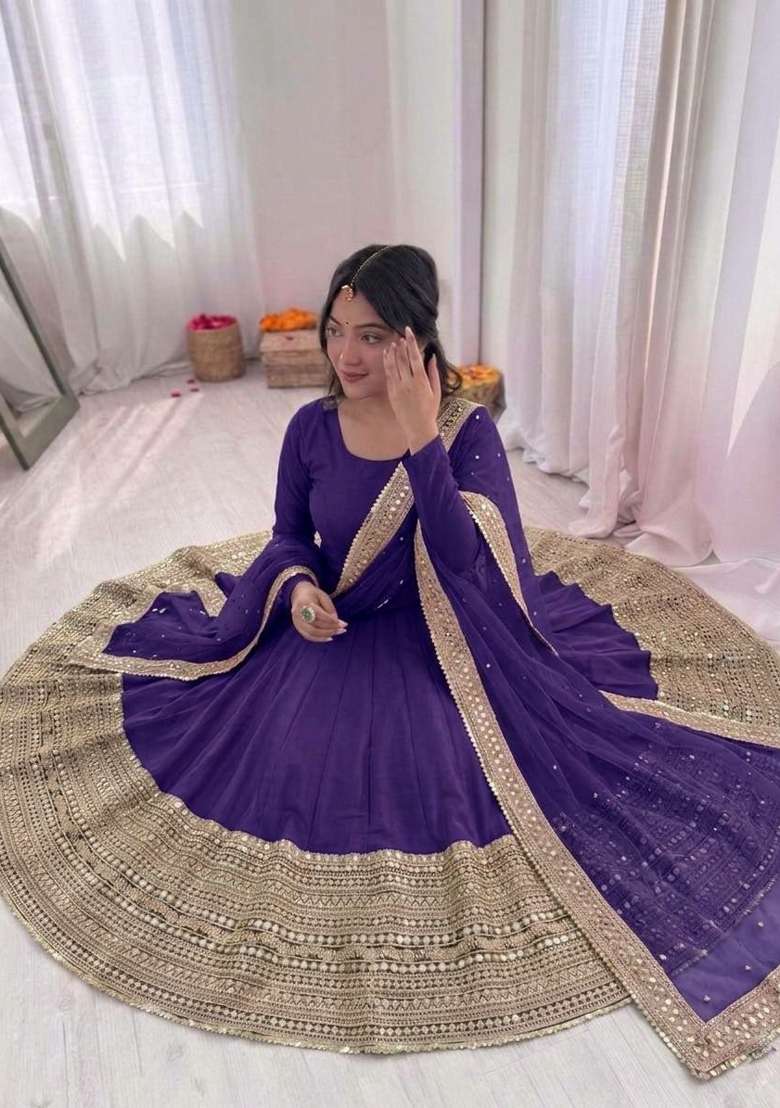 Purple Sequin Work Silk Anarkali Set - Indya
