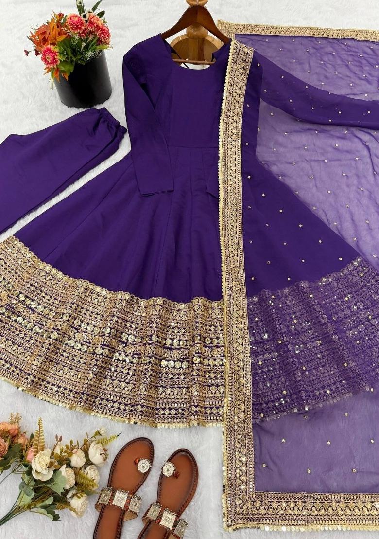 Purple Sequin Work Silk Anarkali Set - Indya