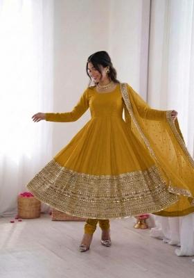 Yellow Sequin Work Silk Anarkali Set