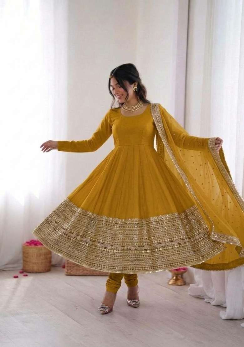 Yellow Sequin Work Silk Anarkali Set - Indya