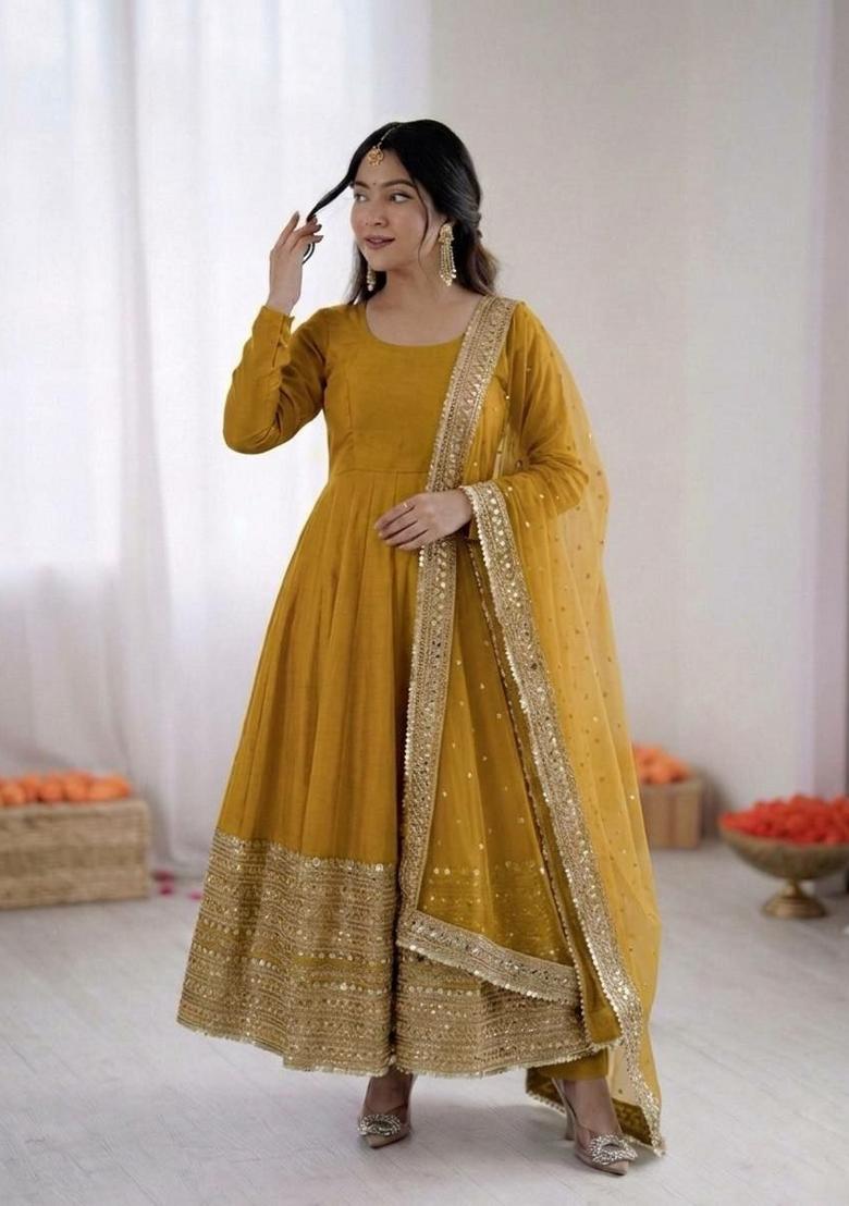 Yellow Sequin Work Silk Anarkali Set - Indya