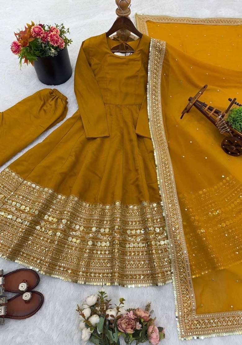 Yellow Sequin Work Silk Anarkali Set - Indya